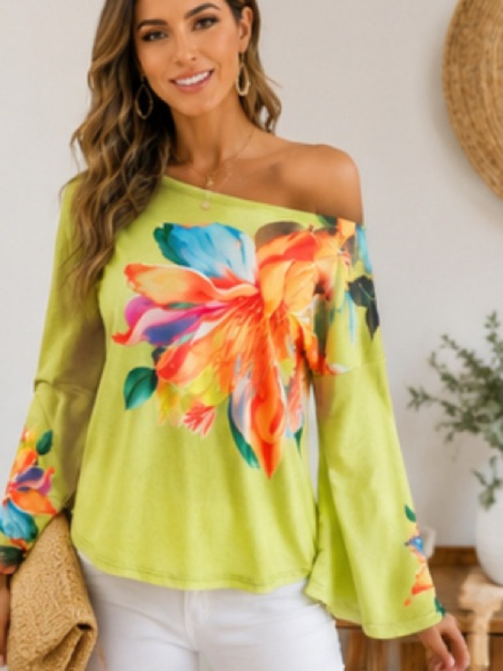 Lime Green Tropical Floral Off Shoulder Bell Sleeve Top Large